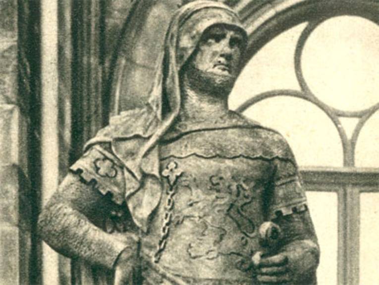 Druck nach einem Foto: aus „Bild-Kurier“. Beilage zum Hannoverschen Kurier, Nr. 23. 6.11.1923: 75 Jahre Welfenschloss. Abb. Heinrich der Löwe, Sandsteinfigur an der Vorderfront des Welfenschlosses (Universität Hannover) von Wilhelm Engelhard, um 1862. 
