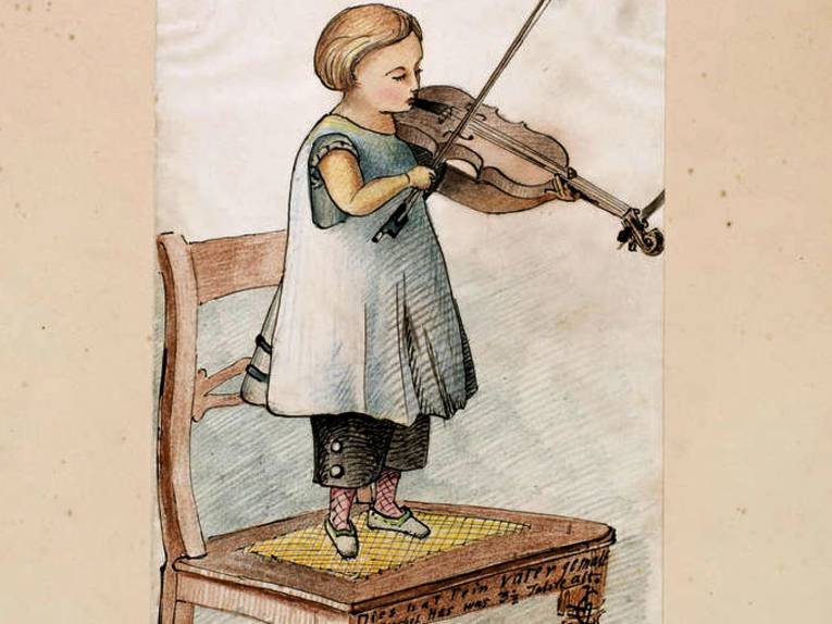 Theodor Hase, stehend auf Stuhl und Geige spielend. Bleistift, Feder und Buntstift, um 1860