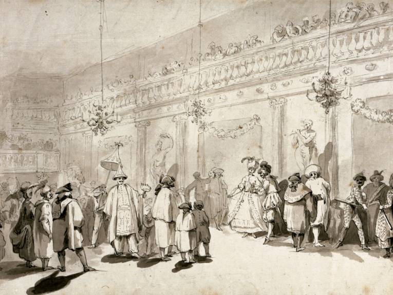 Maskerade im Ballhofsaal zu Hannover, Sepiazeichnung von Johann Heinrich Ramberg