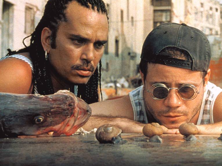 Im Bild zu sehen sind zwei Männer die auf einen Tisch mit Schnecken und einem Fisch schauen.