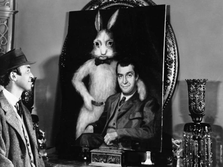 Ein Portrait von Elwood P. Dowd und seinem imaginären Hasen-Freund Harvey.