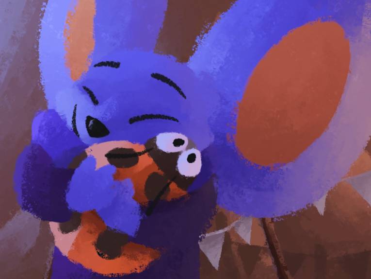 Ein violetter Mäuserich mit riesigen Ohren knuddelt einen Marienkäfer.