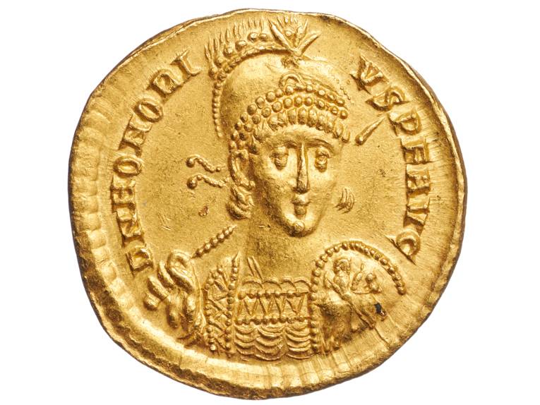 Solidus des römischen Kaisers Flavius Honorius: Die Vorderseite der Münze zeigt den Kaiser als fast frontale Büste.