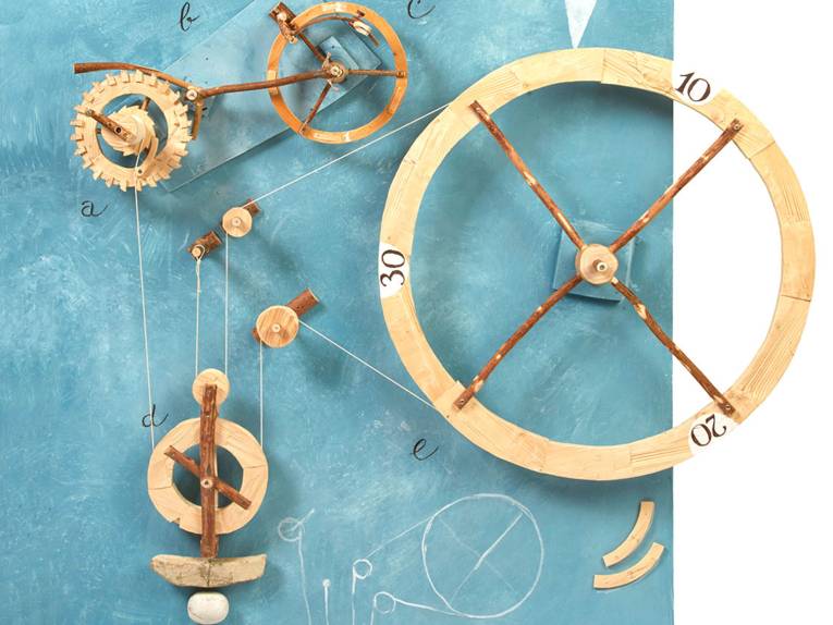 Eine Pendeluhr mit Gewichten