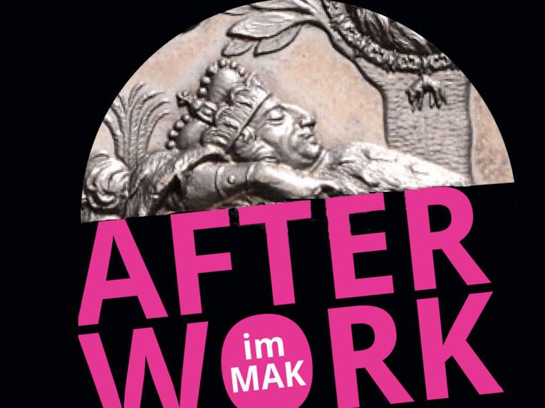 Antike Münze im Hintergrund mit der Aufschrift "After Work im MAK" im Vordergrund