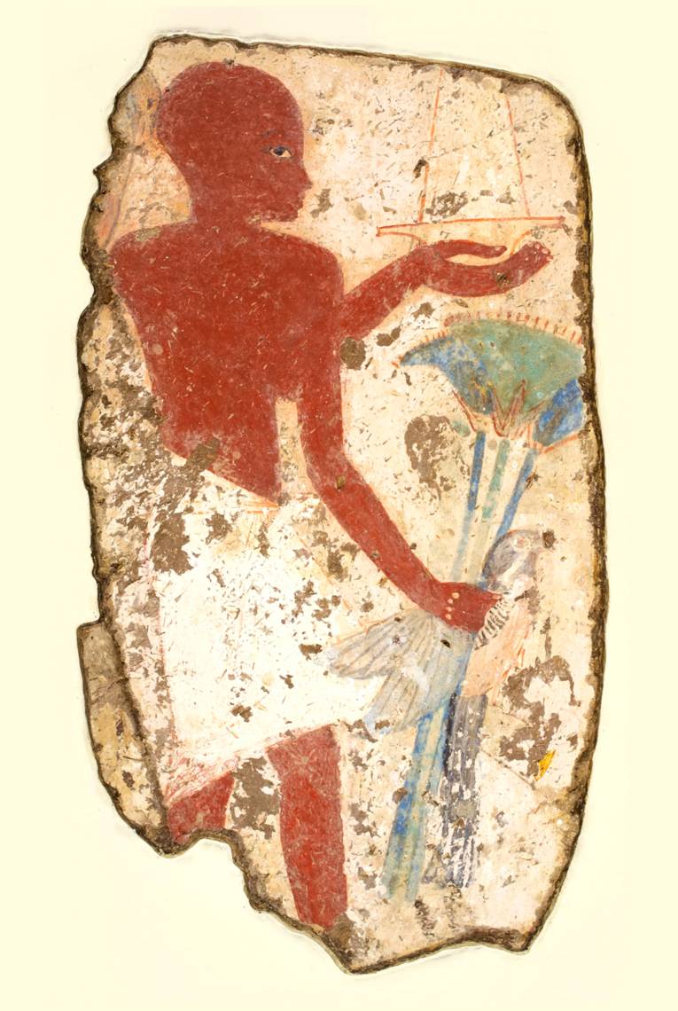 Priester mit Strauß von Papyruspflanzen, Malereifragment aus dem Grab Nr. 181 in Theben-West von Ipuki und Nebamun aus der Regierungszeit von Pharao Amenhotep III. 