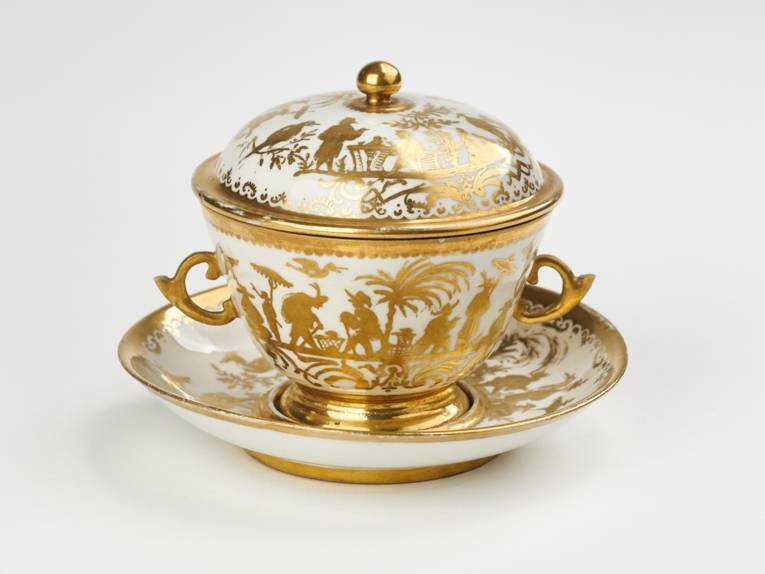 Deckeltasse mit Goldchinesen Porzellan, Bemalung: Abraham Seuter (1699-1749), Augsburg, Meissen, um 1730
