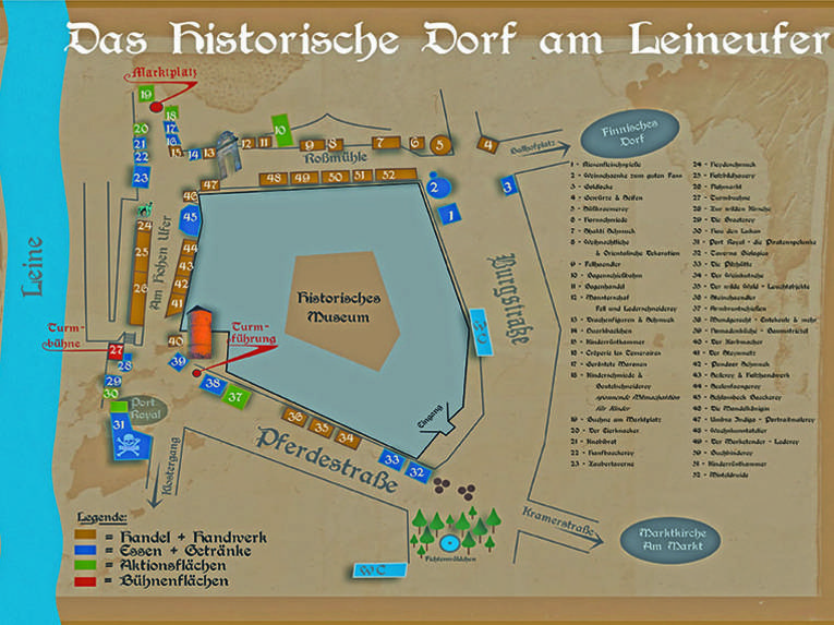 Zeichnung mit Aktionsflächen rund um das Historische Museum Hannover, auf denen das historische Dorf in der Vorweihnachtszeit aufgebaut ist.