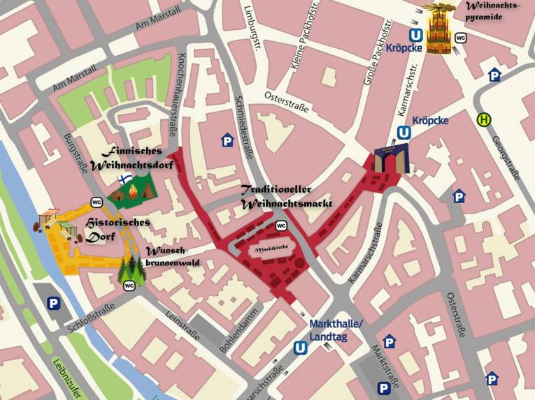 Kartenausschnitt von der Altstadt Hannovers, auf dem die verschiedenen Marktangebote farblich unterschiedlich gekennzeichnet sind: Von der Weihnachtsmarktpyramide am Kröpcke bis zum Historischen Dorf am Leineufer