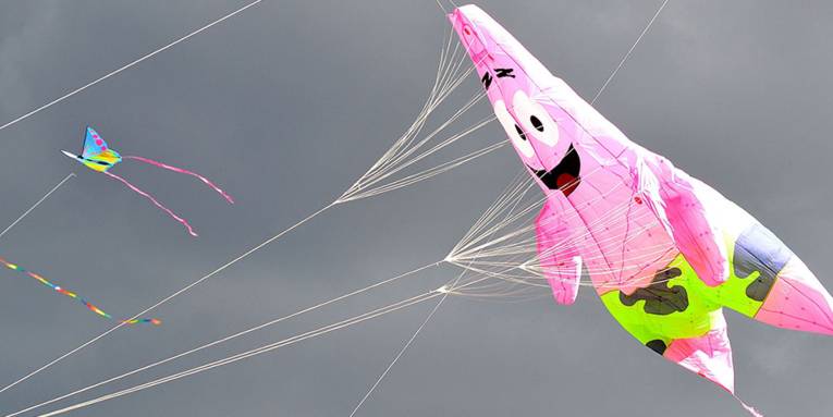 Rosafarbener Drachen in Gestalt einer Comicfigur vor grauem Herbsthimmel