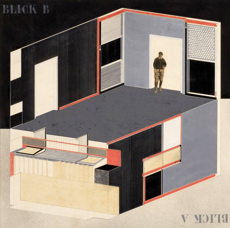 El Lissitzky: Entwurf zum Kabinett der Abstrakten (Blick A / Blick B), 1926; Gouache und Collage auf Karton