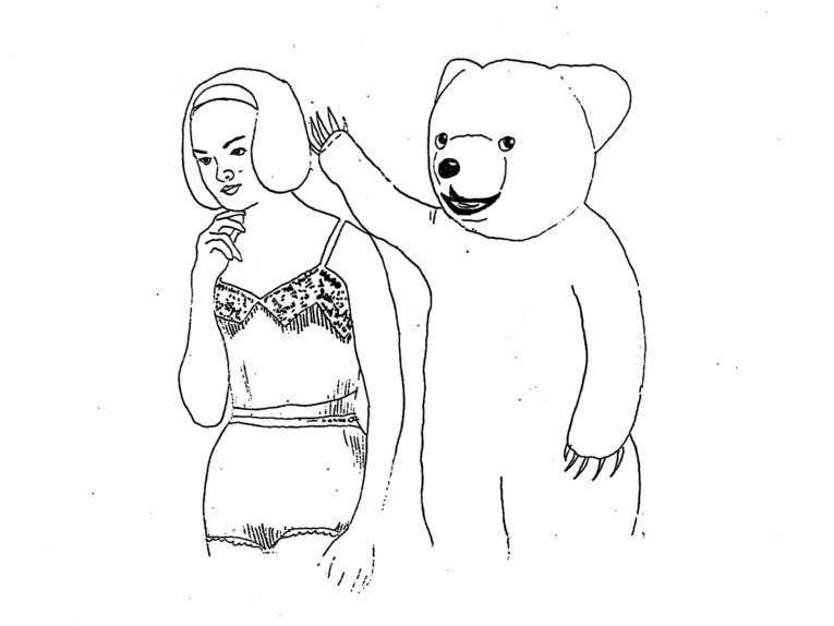 Bleistift-Zeichnung auf Papier, die einen Bären und ein Mädchen zeigt. 