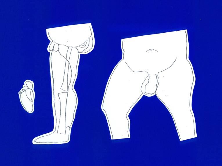 Bleistift-Zeichnung auf Buntpapier, die den Unterkörper eines Mannes zeigt. 