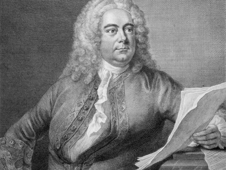 Grafik in Kupferstichtechnik: Der Komponist mit Lockenperücke hält Notenblätter in der Hand