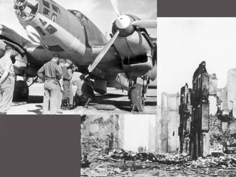 Collage zum NS-Propagandafilm "Im Kampf gegen den Weltfeind": Flugzeug der Legion Condor und Bild der zerstörten Stadt Guernica nach dem Anrgiff vom 26.04.1937.
Quelle: Bundesarchiv, 183-C0214-0007-013, 183-H25224