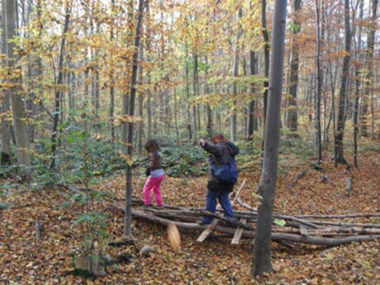 Kind und Frau balancieren auf schmalen Baumstämmen im Wald