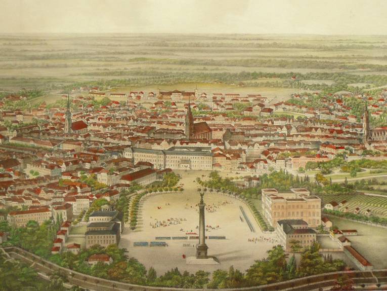 Ein kolorierter Stahlstich aus dem Jahr 1851 zeigt Hannover aus der Vogelperspektive