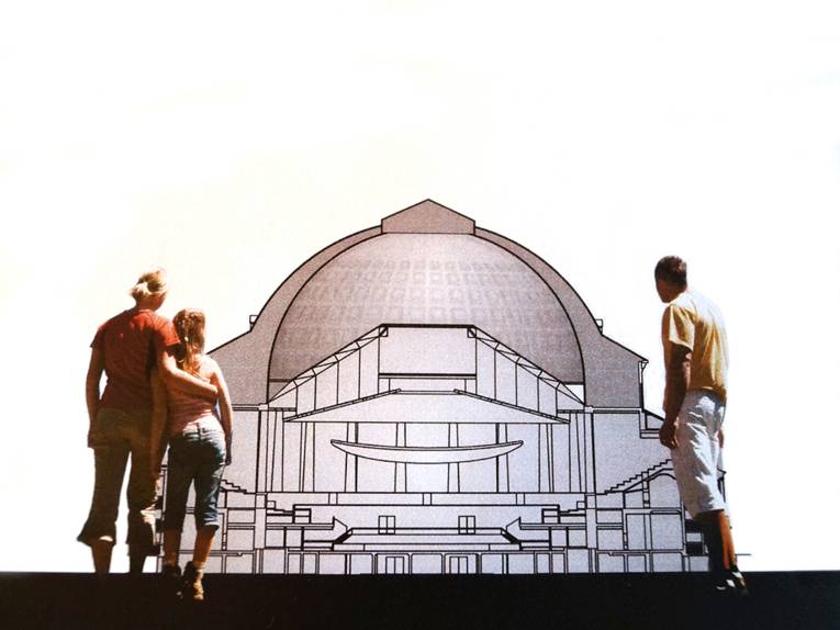 Zeichnung eines Modells des Kuppelsaals, daneben im späteren Größenverhältnis drei Personen