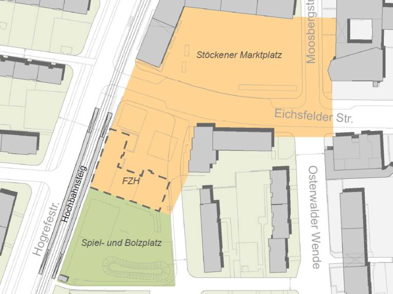 Ein Übersichtsplan des Stadtteilzentrums Stöcken, das Planungsgebiet ist farblich hervorgehoben
