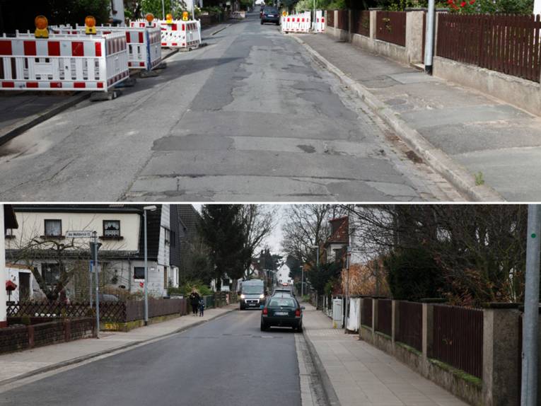 Die Straße "Unter den Birken" vor und nach der Sanierung