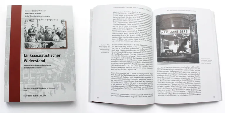 Vorderseite und Einblick ins Buch "Linkssozialistischer Widerstand gegen die nationalsozialistische Diktatur in Hannover"