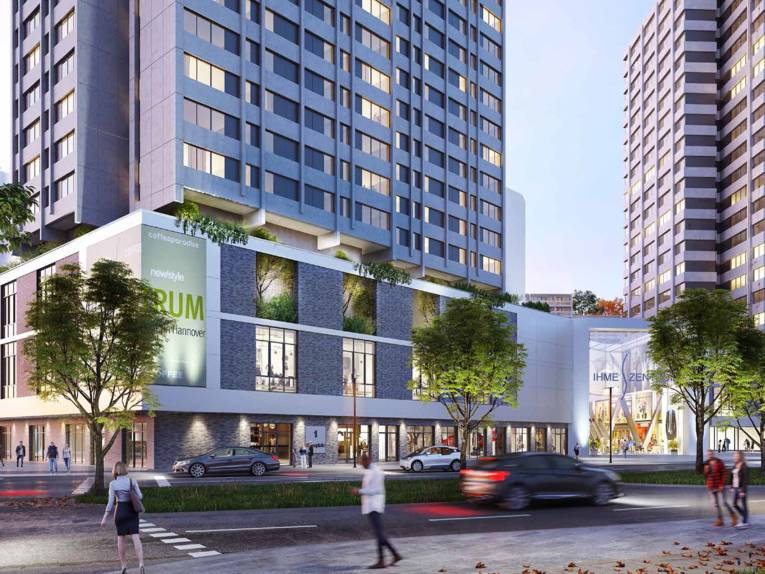 Entwurf der neuen Fassade des Ihme-Zentrums aus Blickrichtung Küchengarten/Blumenauer Straße