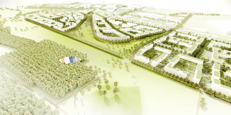 Visualisierung des geplanten Neubaugebiets Kronsberg-Süd aus Richtung Nord-Ost