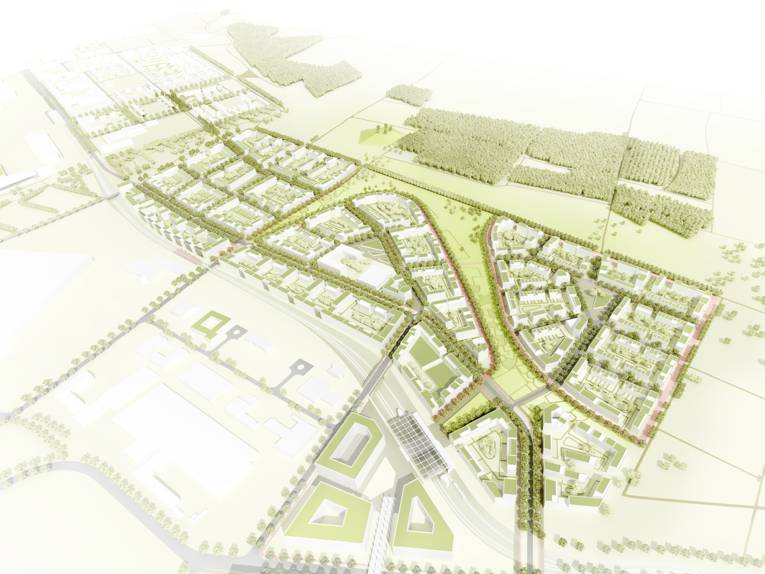Visualisierung des geplanten Neubaugebiets Kronsberg-Süd aus Richtung Süd-West (EXPO-Gelände)
