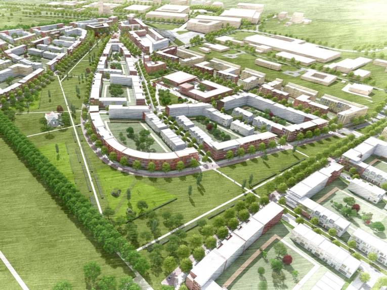 Visualisierung eines Neubaugebiets.