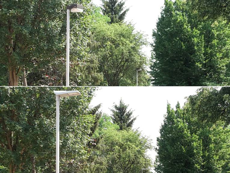 Die Straßenbeleuchtung in der Voltmerstraße  – vorher (oben), nachher (unten)