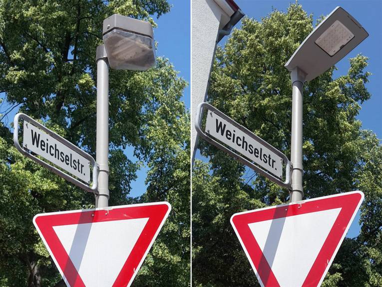 Die Straßenbeleuchtung in der Weichselstraße– vorher (links), nachher (rechts)