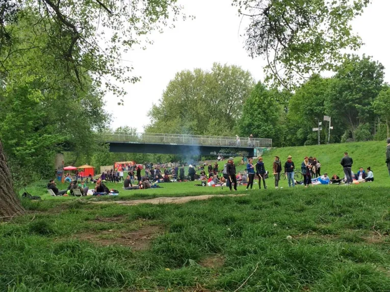 Grünfläche, auf der Menschen grillen. 