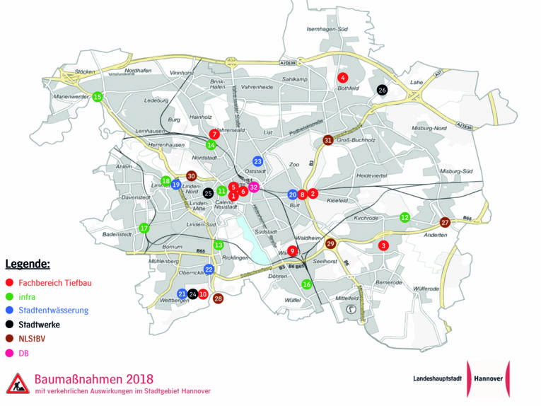Eine Karte, die Baustellen im Stadtgebiet zeigt. 