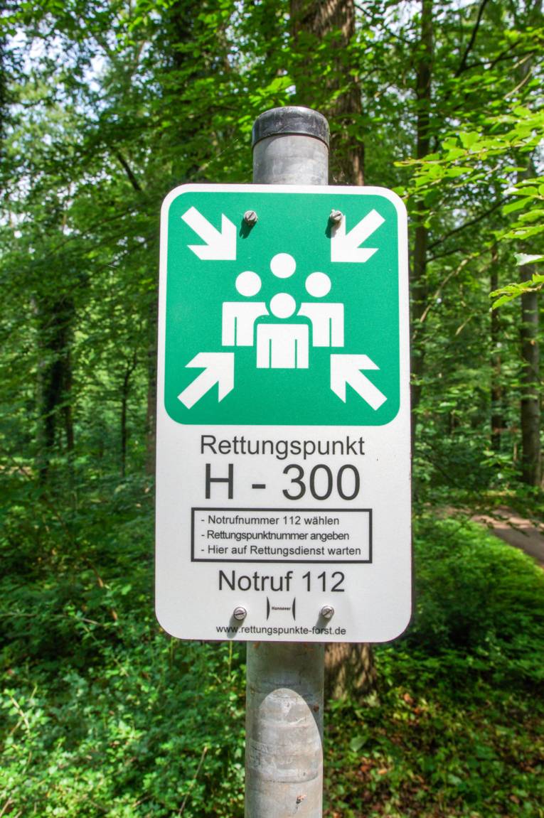 Schild im Wald, auf dem "Rettungspunkt H - 300" steht. 