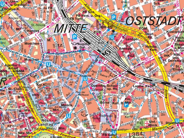 Ein Kartenausschnitt der Innenstadt von Hannover. 