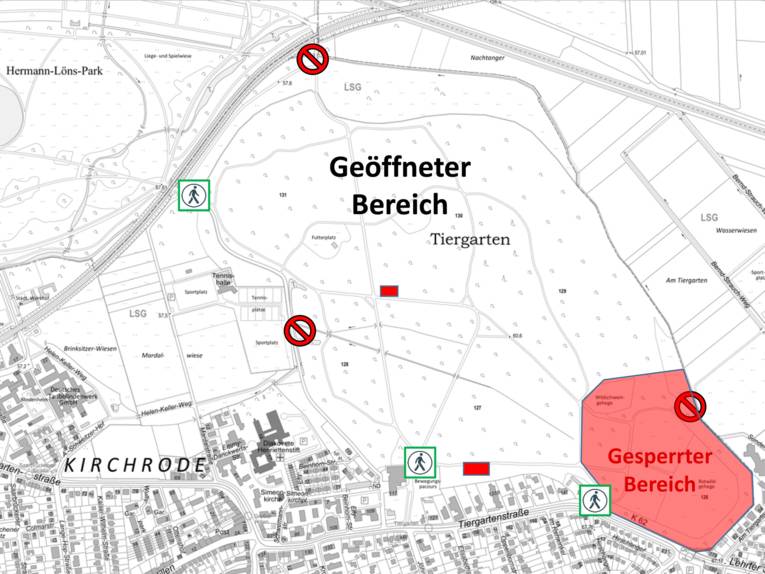 Karte des Tiergartens, auf der markiert ist, welcher Bereich gesperrt und welche Eingänge geschlossen sind