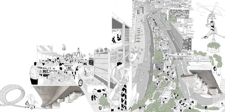 Illustration aus Bid Book 2: Für Los! haben Menschen die Hochbrücke besiedelt und mit neuem Leben gefüllt und gezeigt, wie der gesperrte Raum anders genutzt werden kann.