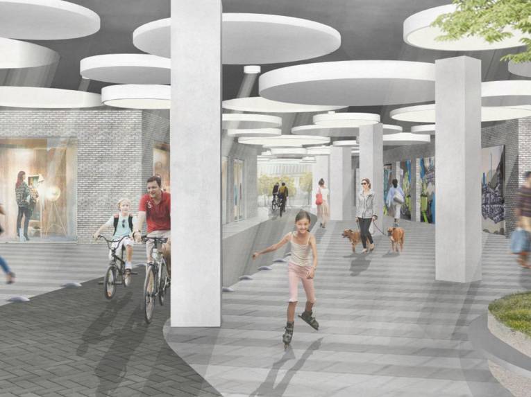 Menschen, die sich durch einen Tunnel begeben. 