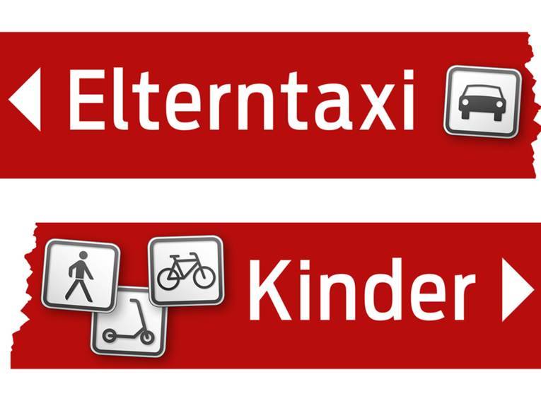 Piktogramm, das oben ein Auto auf rotem Grund zeigt, darunter die Bilder anderer Verkehrsteilnehmer: Roller, Fußgänger, Fahrrad