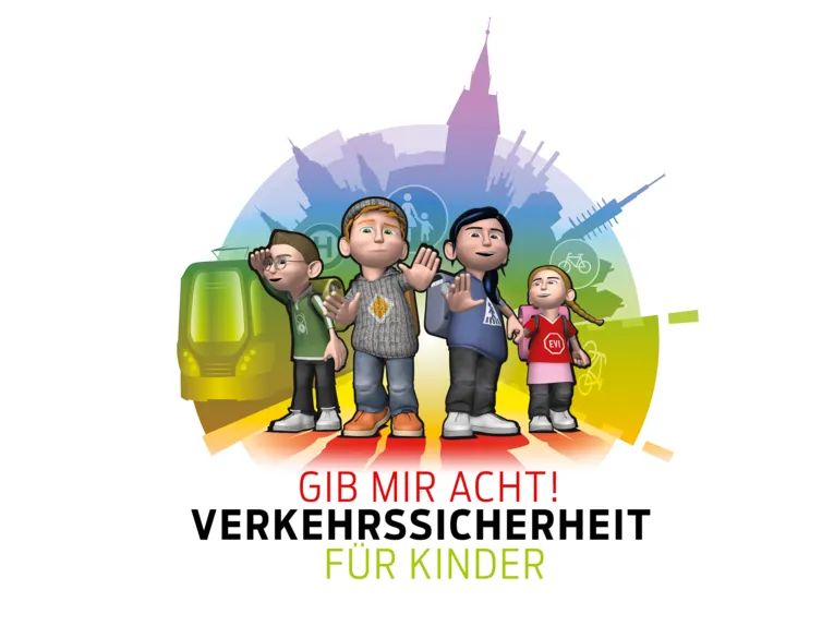 Bunte Grafik mit vier Kindern vor mehreren Verkehrselementen und dem Slogan "Gib mir Acht!"