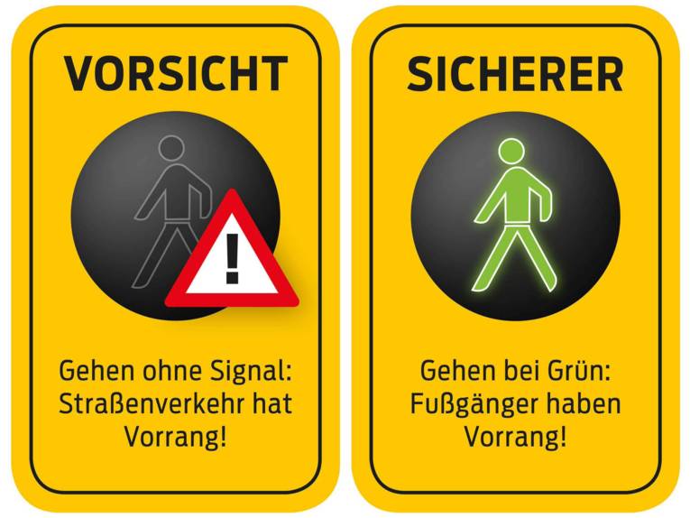 Zwei Piktogramme, die die beiden Möglichkeiten, eine Schlafampel zu überqueren, erläutern. 