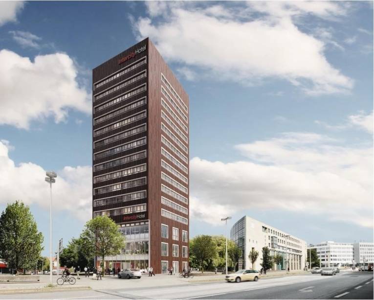 Visualierung des Entwurfs für den Hotelneubau auf dem Andreas-Hermes-Platz