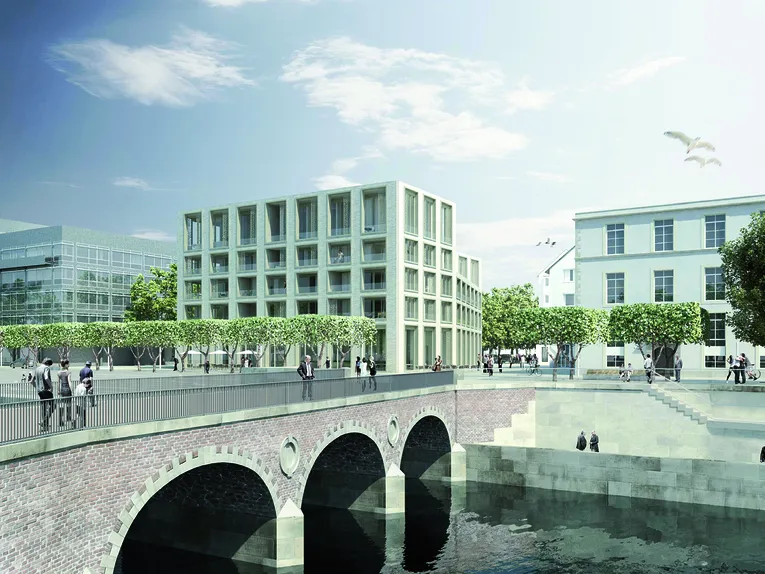 Bebauung des Marstalls – Baufeld West: Mehrschossige Gebäude am Fluß Leine, über den eine steinerne Fußgängerbrücke führt.