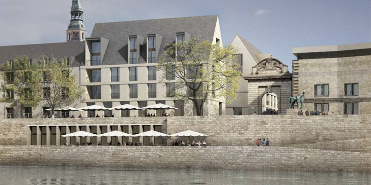 Animation: Blick vom Hohen Ufer auf geplanten Neubau mit Gastronomienutzung im Untergeschoss (Stand Februar 2014) 