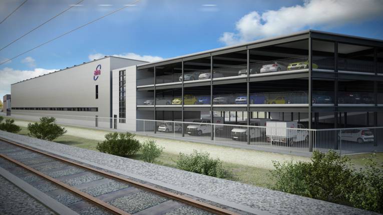 Visualisierung des Neubaus der AHA-Betriebsstätte: Blick auf ein Parkhaus.