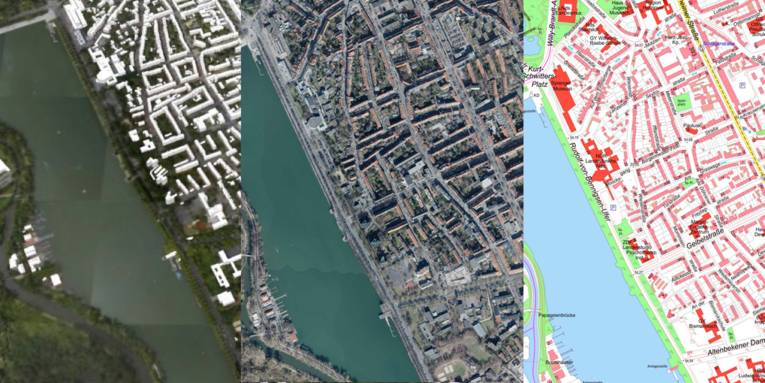 Kollage Ausschnitt Maschsee von links nach rechts: 3D-Modell, Luftbild, Stadtkarte