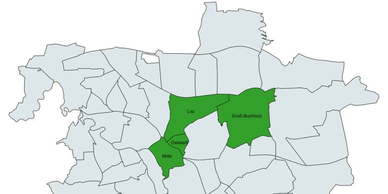 Auf einer Stadtkarte sind die vier Stadtteile List, Mitte, Osttadt und Groß-Buchholz zur Verdeutlichung ihrer Lage im Stadtgebiet grün eingefärbt.