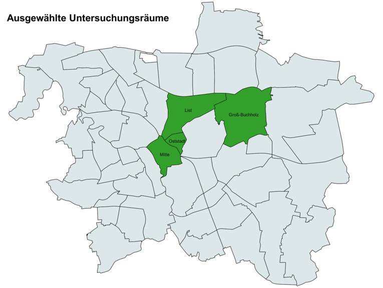 Auf einer Stadtkarte sind die vier Stadtteile List, Mitte, Osttadt und Groß-Buchholz zur Verdeutlichung ihrer Lage im Stadtgebiet grün eingefärbt.