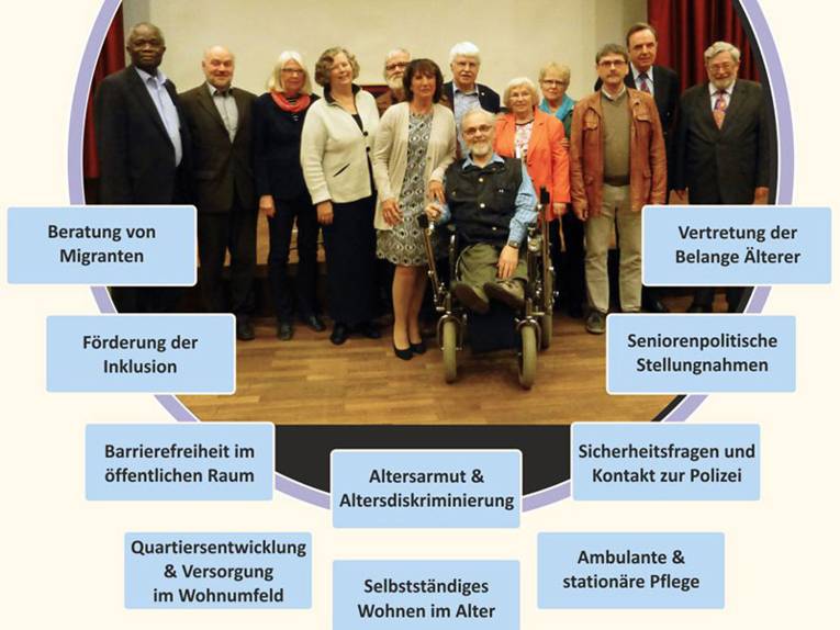 Zu den Aufgaben des Seniorenbeirates gehören die Beratung von Migranten, Förderung der Inklusion, Barrierefreiheit im öffentlichen Raum, Quartiersentwicklung und Versorgung im Wohnumfeld, Altersarmut und Altersdiskriminierung, Selbständiges Wohnen im Alter, Sicherheitsfragen und Kontakt zur Polizei, Ambulante und stationäre Pflege, Seniorenpolitische Stellungnahmen und Vertretung der Belange Älterer