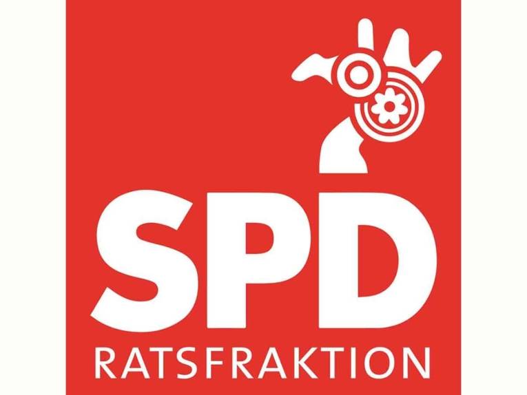 Logo der SPD-Ratsfraktion: eine stilisierte NaNa-Figur mit Blumenemblem auf einem roten Quader mit dem Schriftzug SPD